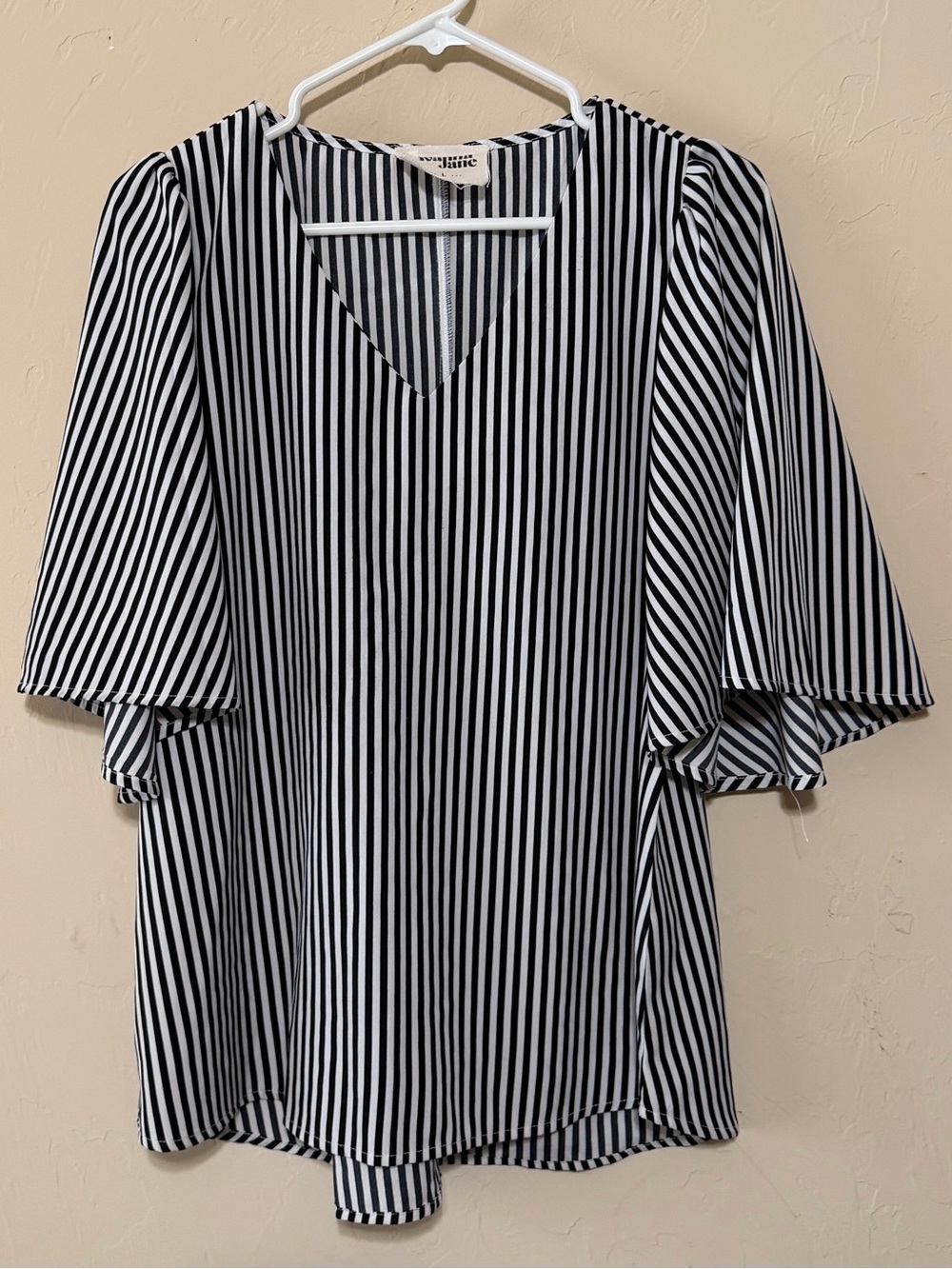 Savanna Jane Black and White Vertical Stripe V-Neck Flutter Sleeve Blouse